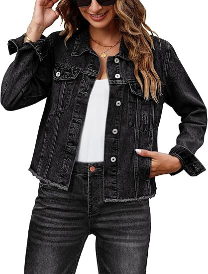 Women Short Cut Denim Jacket with Frayed Hem and Chest Pockets