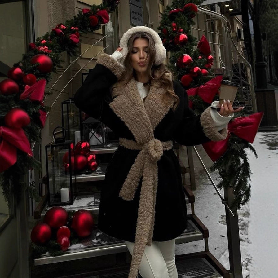 Women Short Oversized Winter Coat with Teddy Lining and Waist Belt