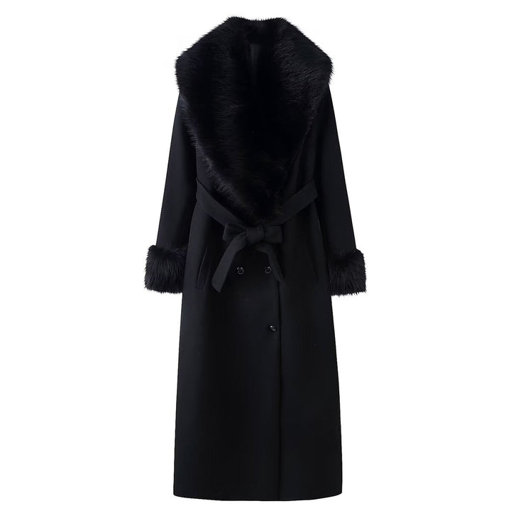 Women Elegant Wool Coat with Large Faux Fur Collar and Tie Belt