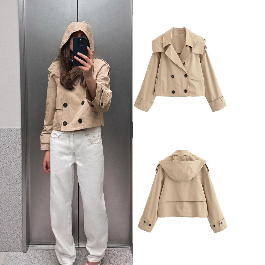 Women short jacket in trench coat style with double-breasted button placket and adjustable cuffs