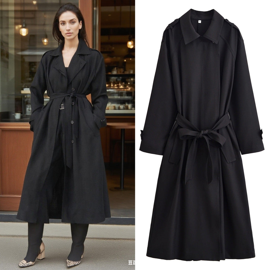Ladies longer waist-adjustable trench coat with tie belt and epaulettes