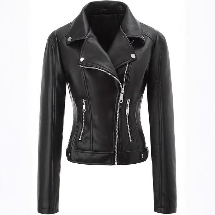 Women short fitted biker jacket made of Nappa leather with asymmetrical zip