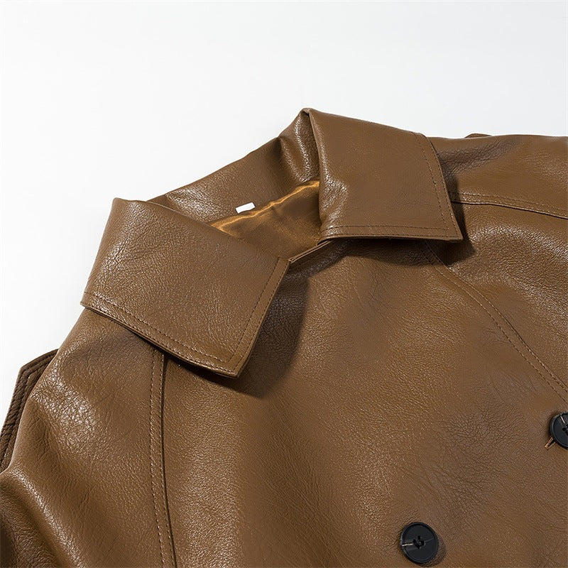 Women Cropped Faux Leather Trench Coat with Waist Belt, Double Breasted and Epaulettes