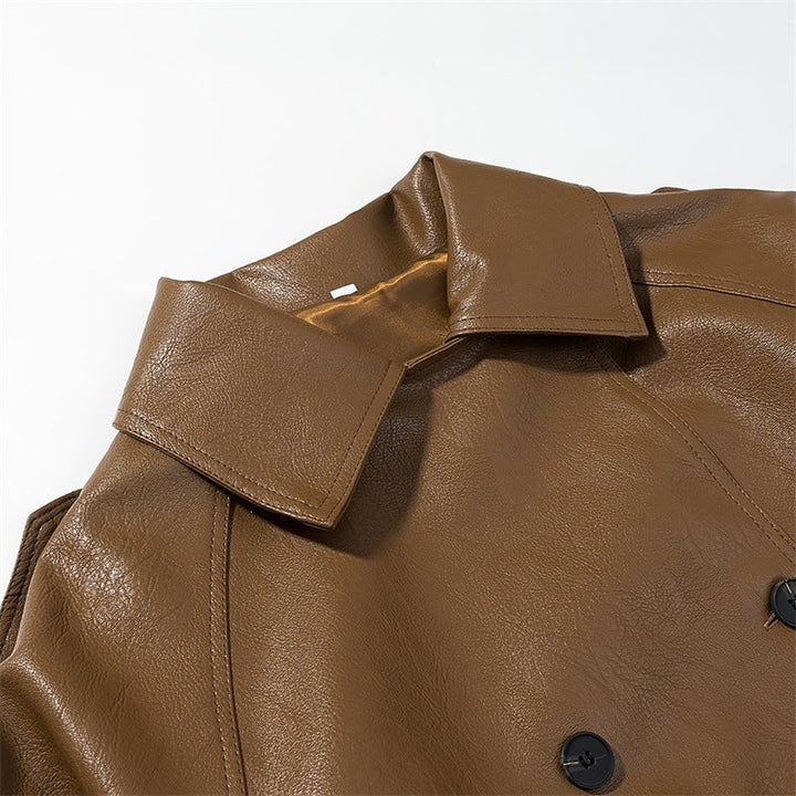 Women Cropped Faux Leather Trench Coat with Waist Belt, Double Breasted and Epaulettes