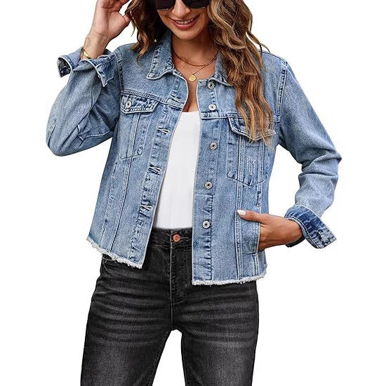 Women Short Cut Denim Jacket with Frayed Hem and Chest Pockets