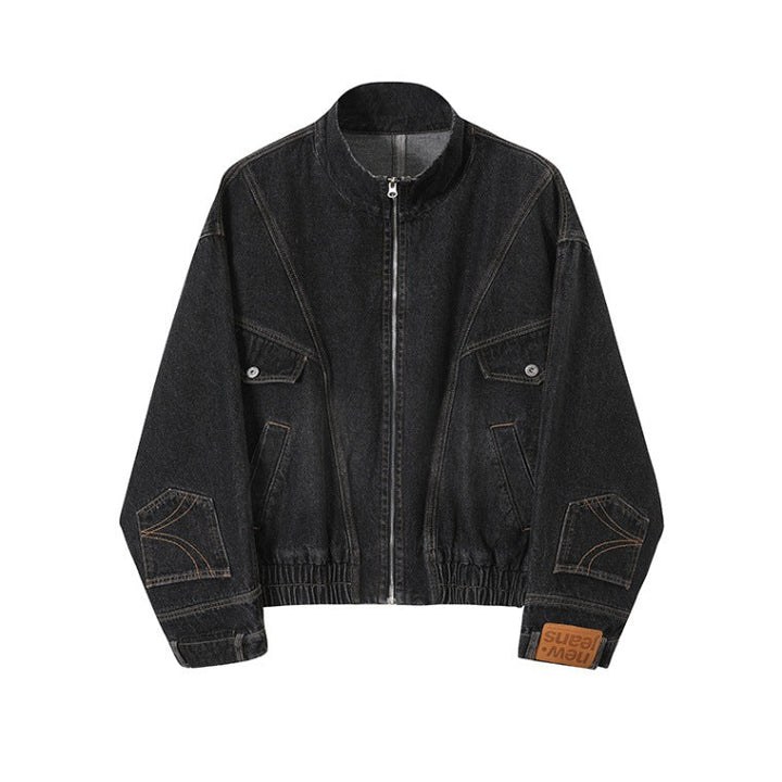 Women Oversized Denim Jacket with Stand-up Collar, Zip and Elastic Hem