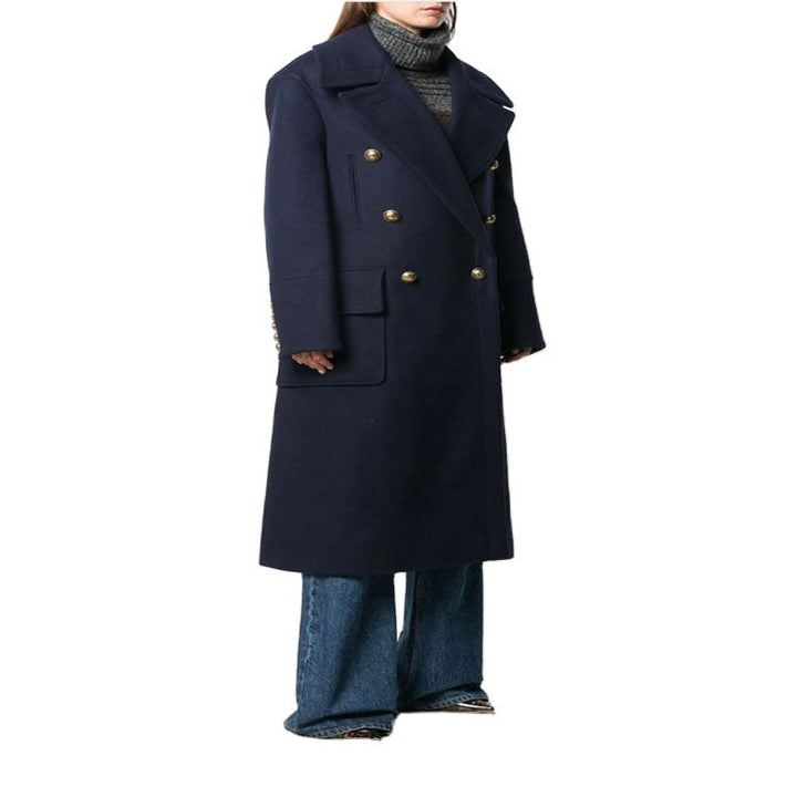 Women’s navy-inspired double-breasted long coat made of wool blend with oversized lapels