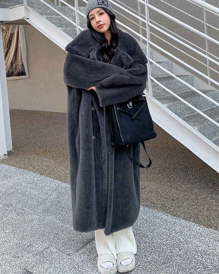 Collar Double Breasted faux mink Fur long coat