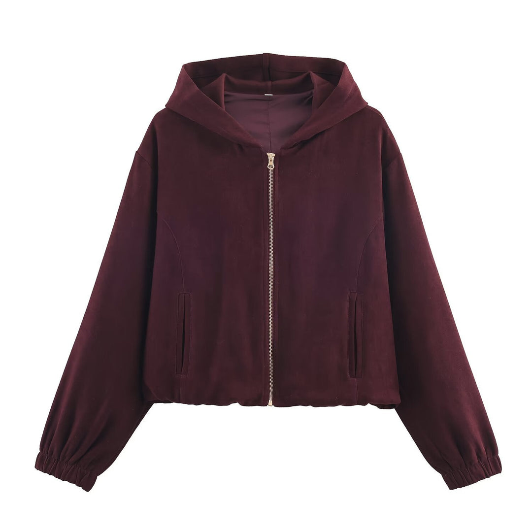 Ladies Boxy Hooded Jacket in Velvet Look with Full Zip and Elastic Hem