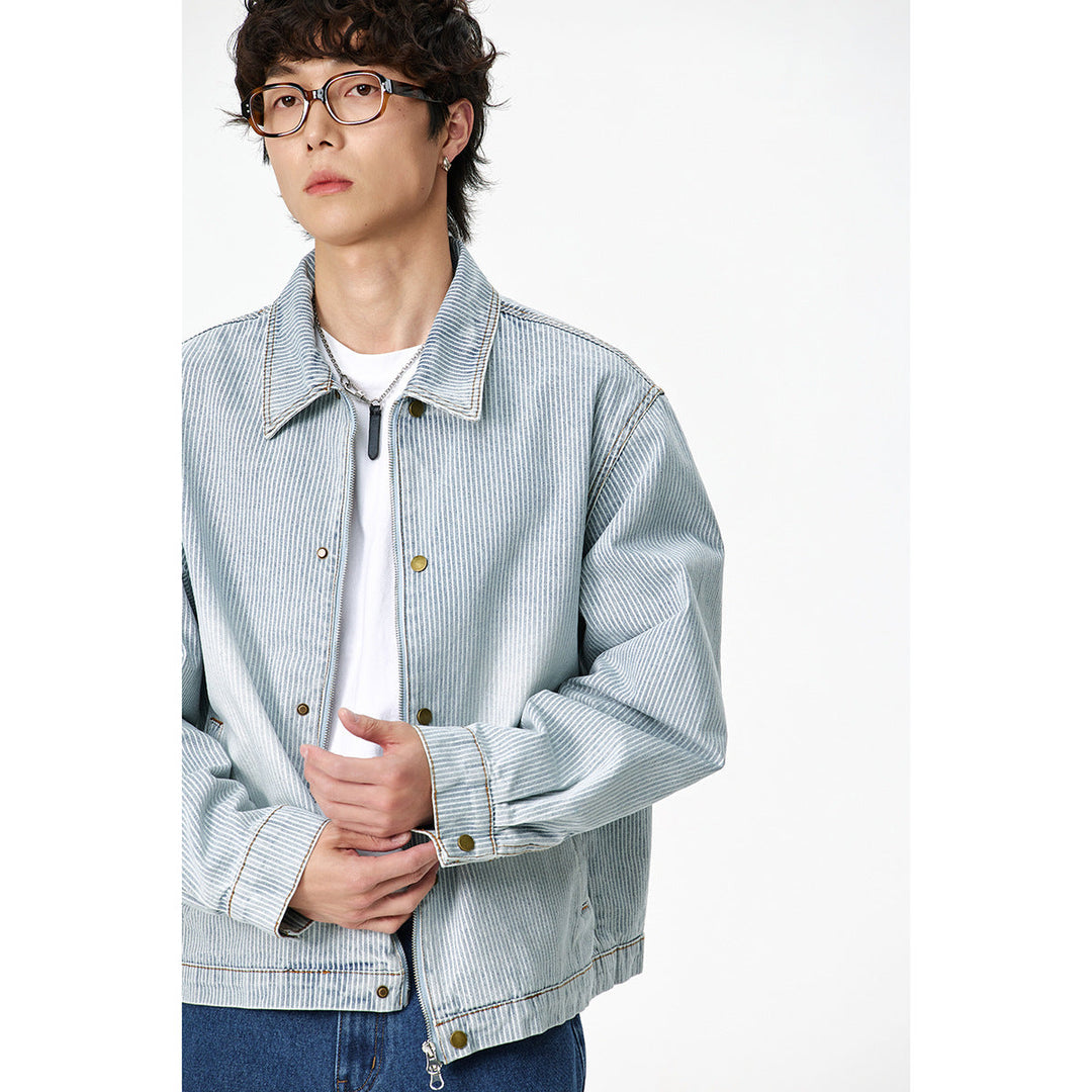 Unisex Striped Oversized Denim Jacket in Worker Style with Stand-Up Collar and Two-Way Zip