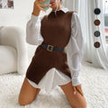 Women's ribbed long vest with side slits, tapered belt and longline cut