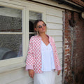 Women's Lightweight Printed Cotton Jacket with Stand Collar and Striped Cuffs