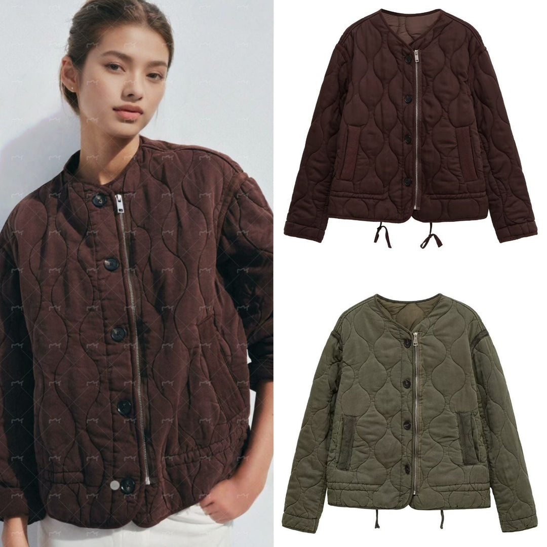 Women quilted transition jacket with zip and button placket, round neck and drawstring