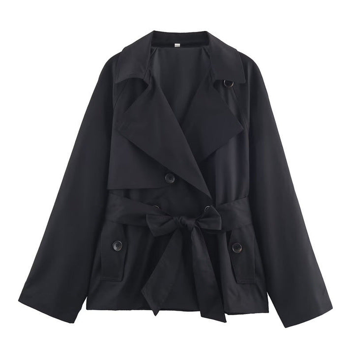 Ladies Cropped Trench Coat with Shawl Collar, Tie Belt and Flap Pockets