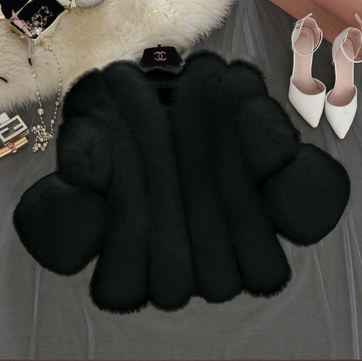Women Fluffy Faux Fur Coat with Wide Cut Sleeves