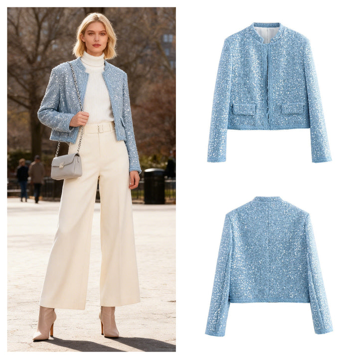 Women Short Cropped Boucle Tweed Jacket with Sequin Trim and Flap Pockets