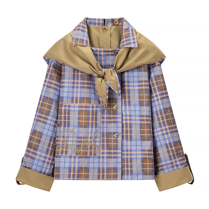 Women’s short jacket with check collar, tie scarf, and monogram pocket