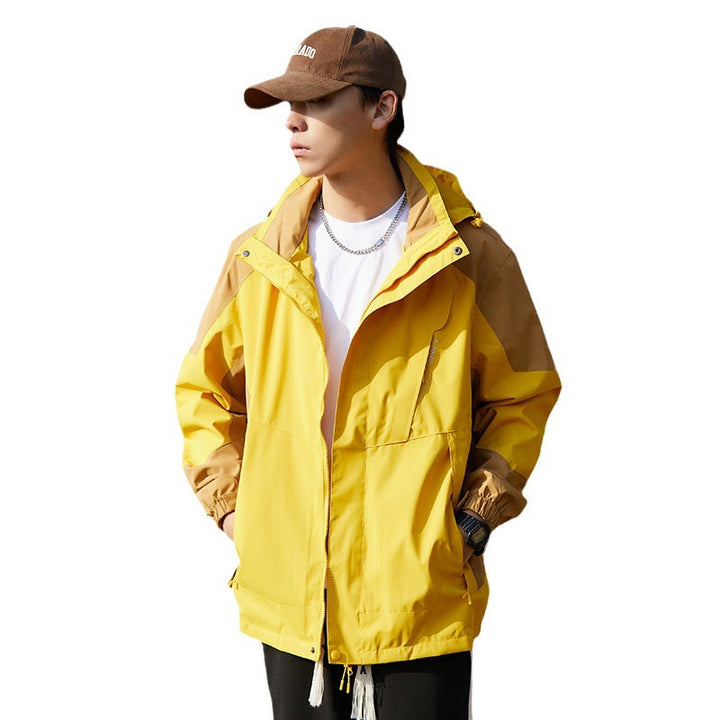 Women two-layer water-repellent outdoor jacket with hood, waist adjustment and contrast piping