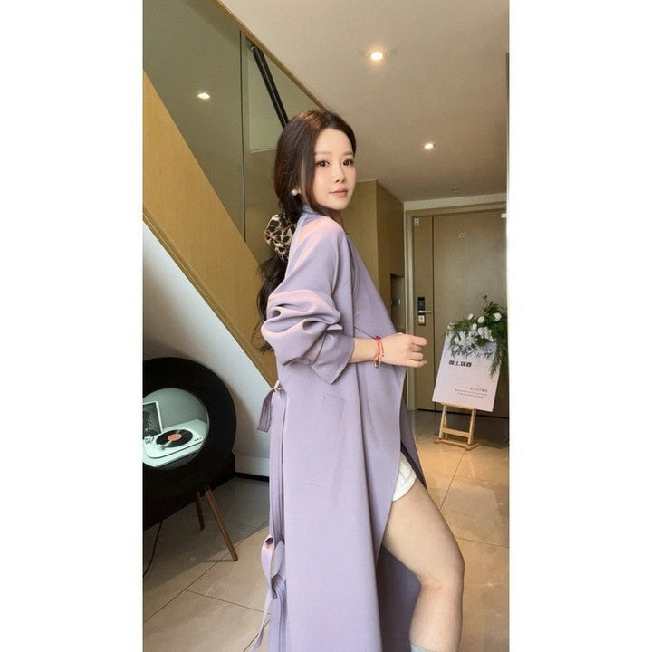 Women’s Maxi Trench Coat with Waterfall Collar and Gathered Sleeves