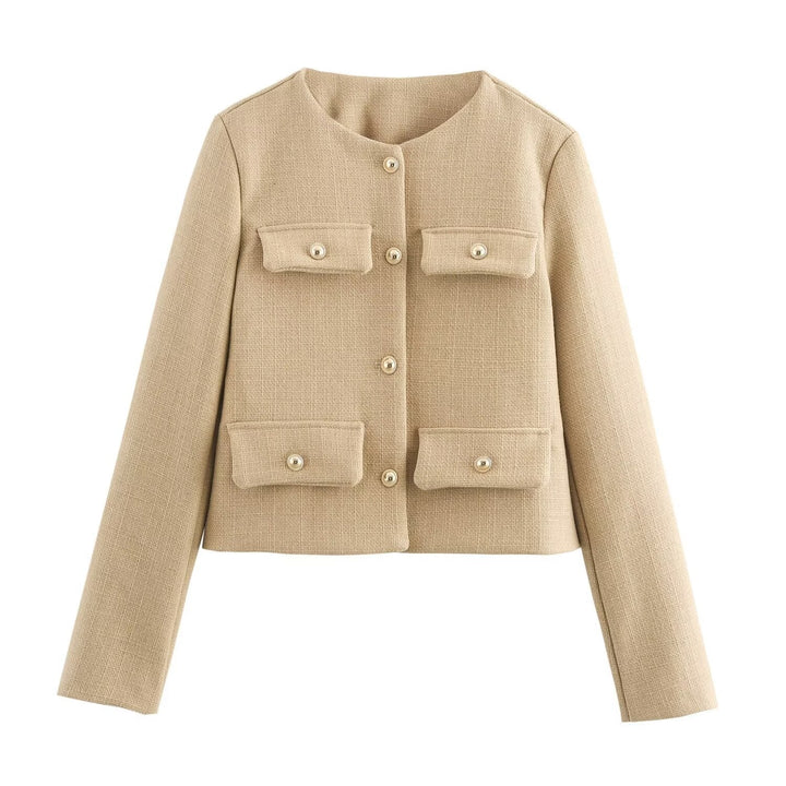 Women Short Boucle Blazer Jacket with Round Neck, Decorative Pocket Flaps, and Gold-colored Buttons