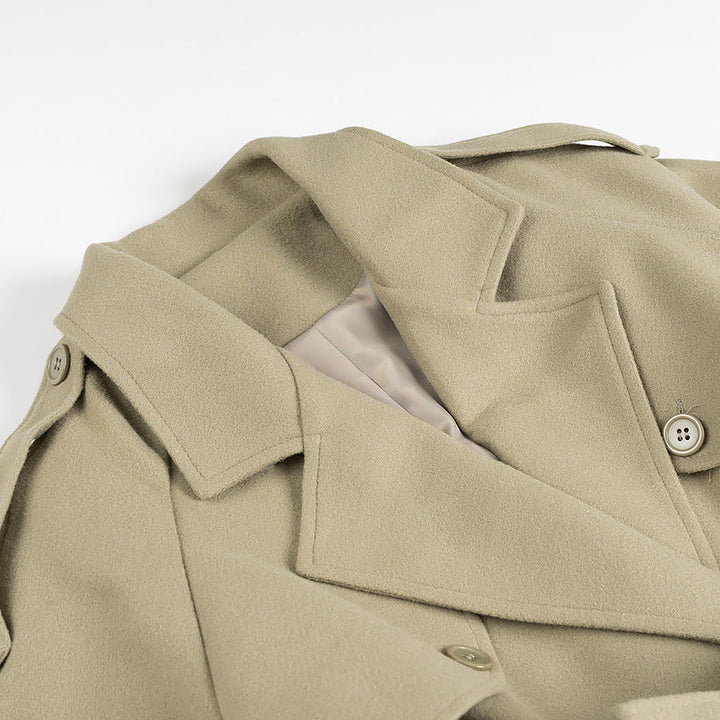 Women Long Trench Coat with Belt, Double-Breasted Button Placket and Epaulets