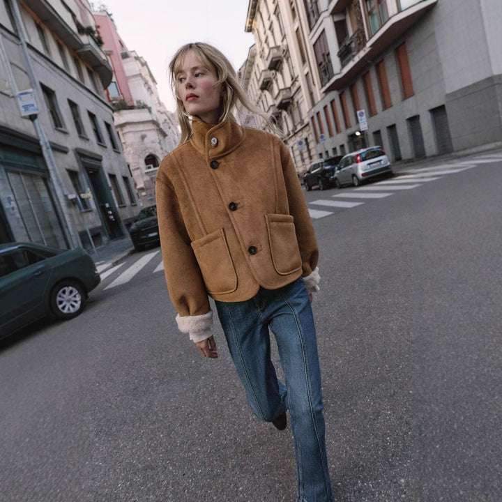 Women Short Jacket made of Suede Leatherette with Teddy Lining and Stand-Up Collar