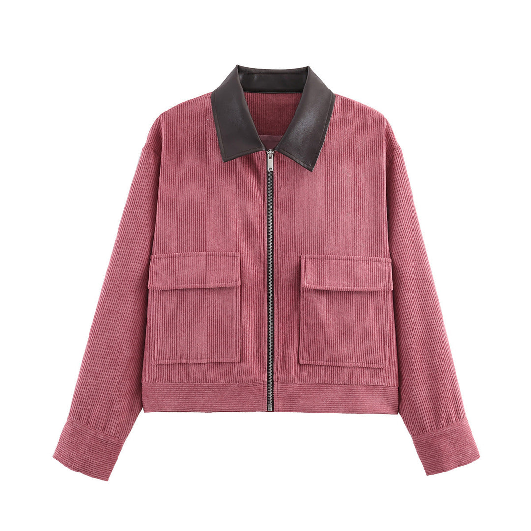 Women Ribbed Short Jacket with Zip, Patch Pockets and Contrast Faux Leather Collar