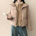 Women's short padded double jacket with detachable teddy inner lining and high stand-up collar
