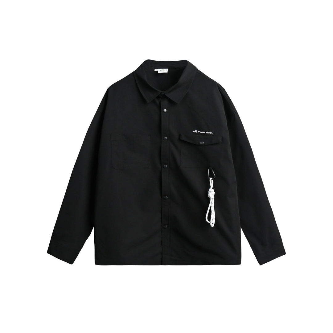 Unisex overshirt jacket in utility style with snap button placket and carabiner detail