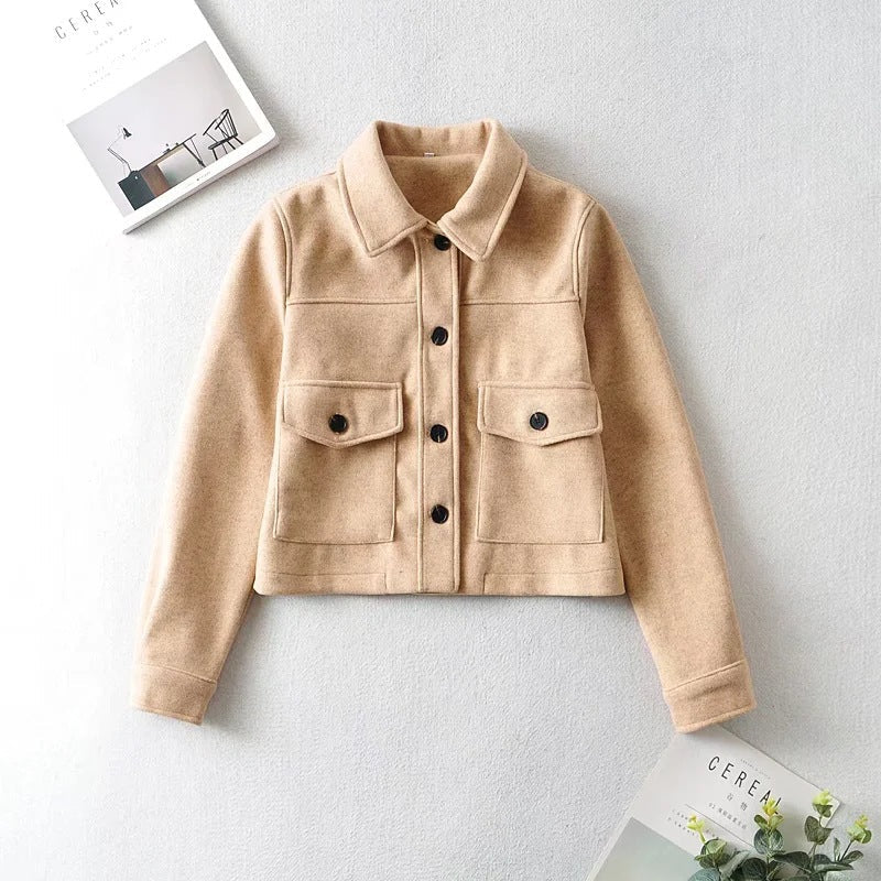Women Short Wool Blend Transition Jacket with Flap Pockets