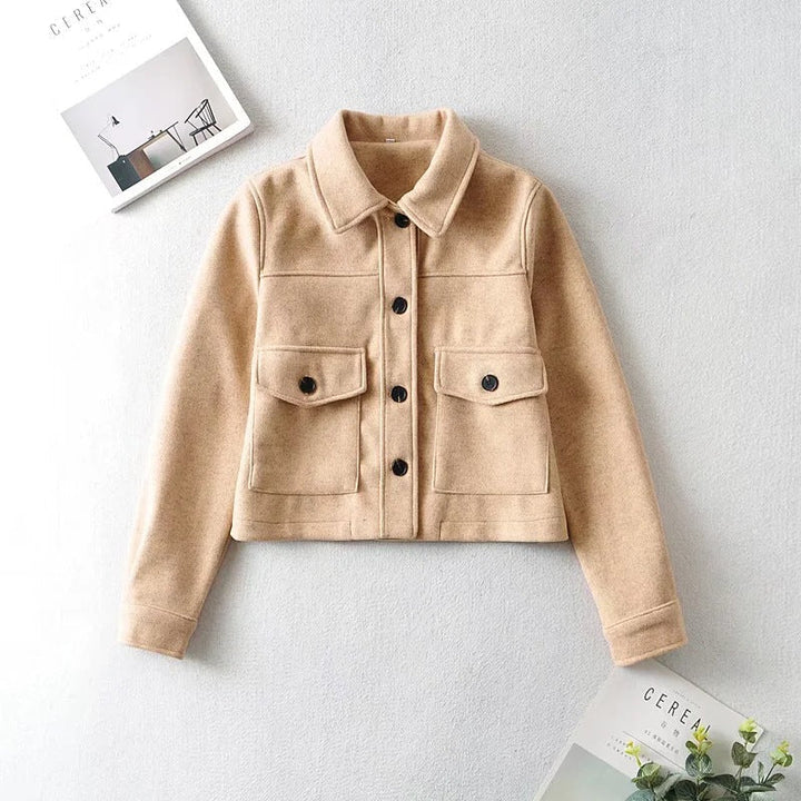 Women Short Wool Blend Transition Jacket with Flap Pockets