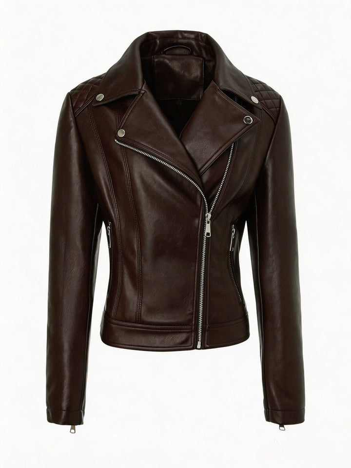 Women Tailored Biker Leather Jacket with Quilted Shoulders