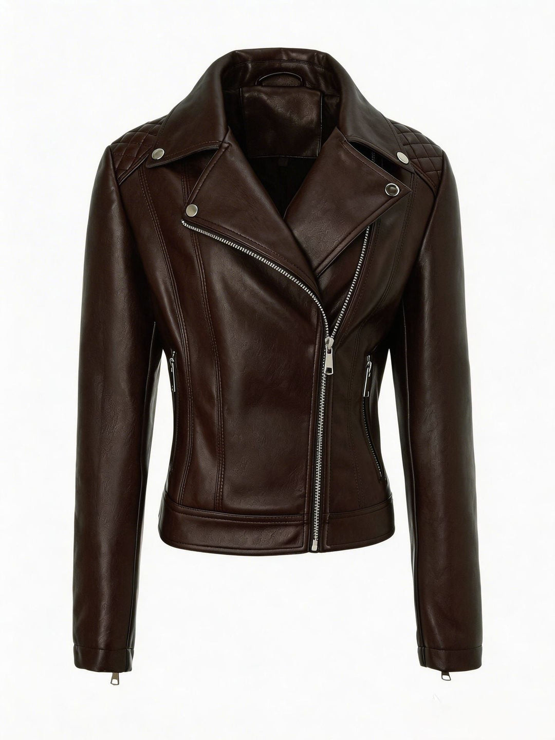 Women tailored biker leather jacket with quilted shoulders and asymmetric zip