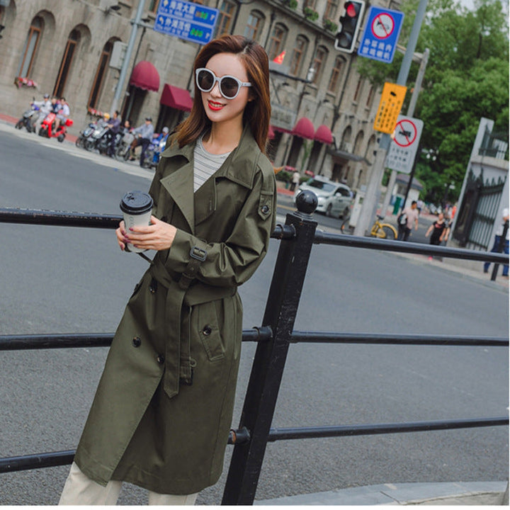 Women Mid-length Trench Coat with figure-flattering tie belt and adjustable cuffs