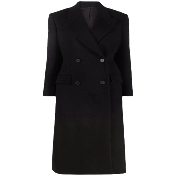 Women’s long coat in minimalist double-breasted style with tailored silhouette and flap pockets