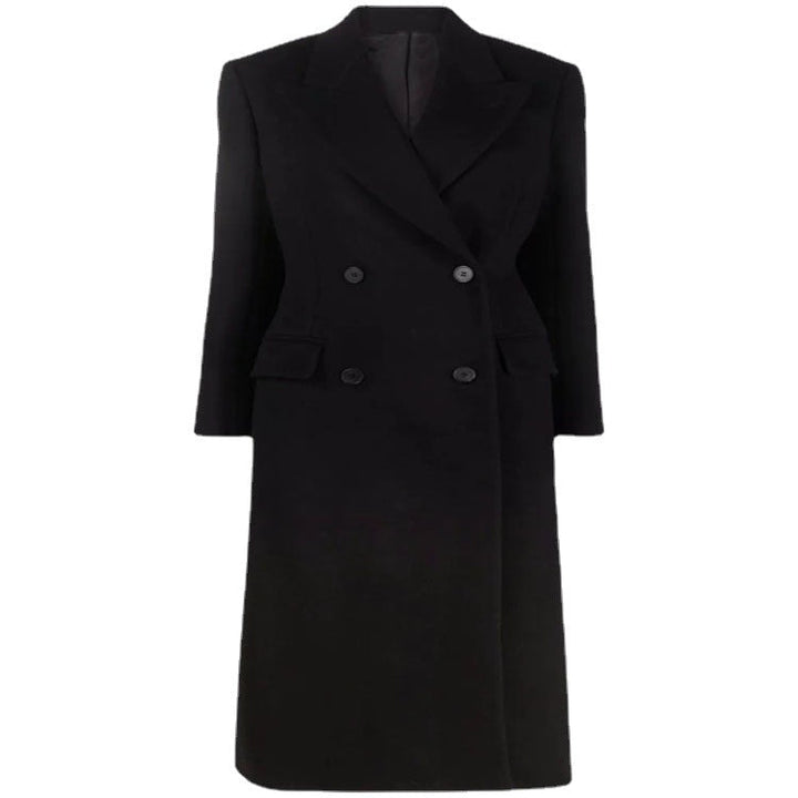 Women’s long coat in minimalist double-breasted style with tailored silhouette and flap pockets