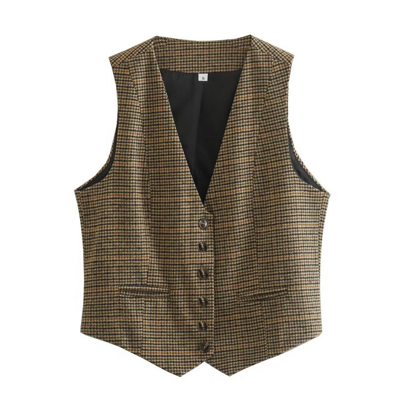 Women Tailored Houndstooth Vest with V-Neck, Button-Free Closure and Welt Pockets