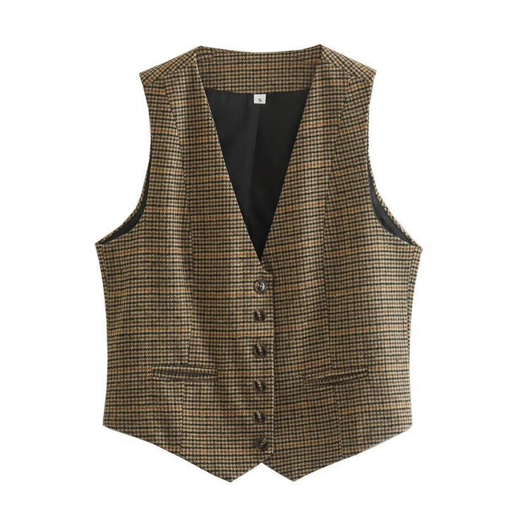 Women Tailored Houndstooth Vest with V-Neck, Button-Free Closure and Welt Pockets