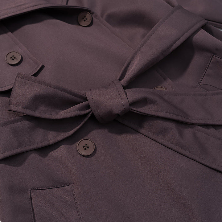 Women Longer tailored trench coat with tie belt and double-breasted button placket