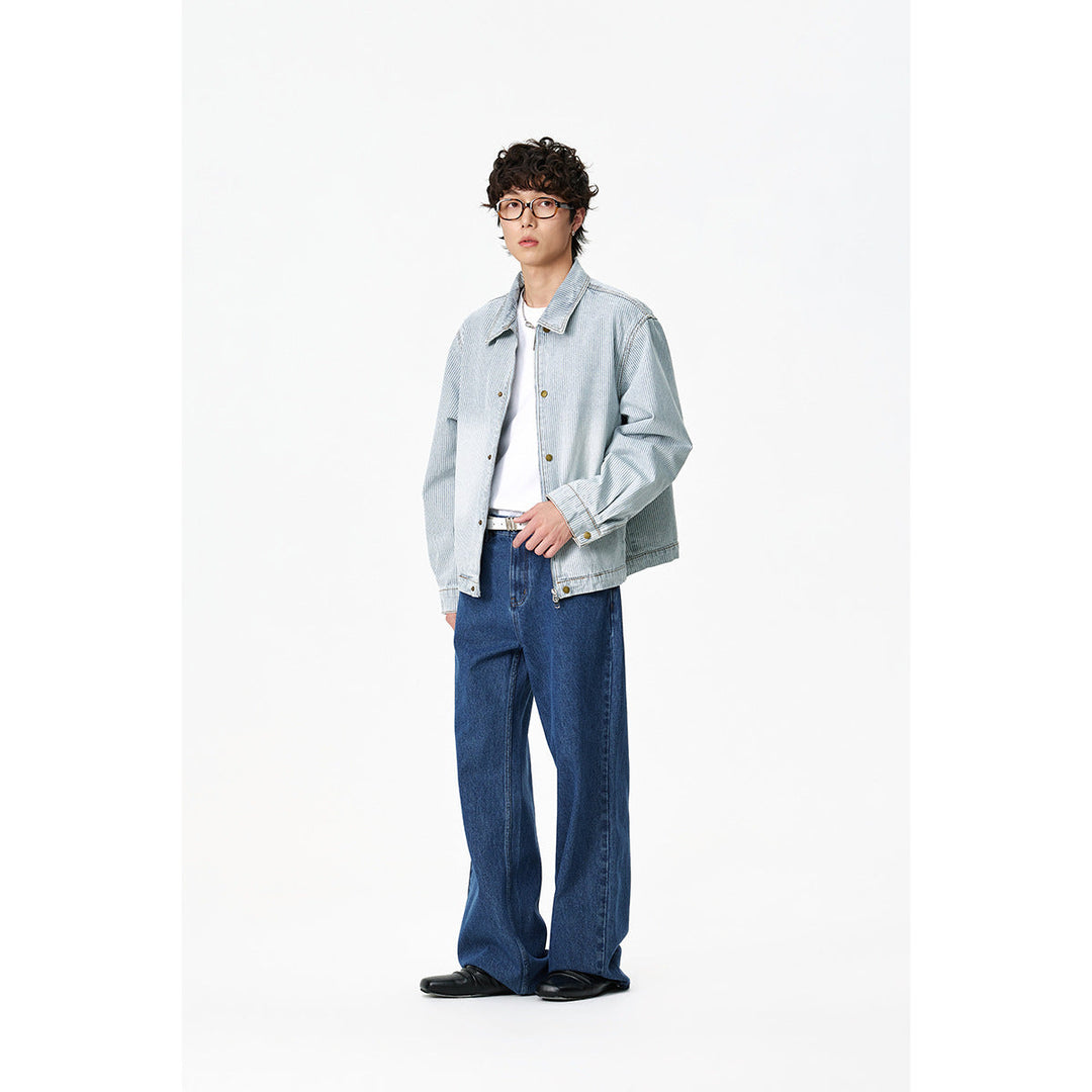 Unisex Striped Oversized Denim Jacket in Worker Style with Stand-Up Collar and Two-Way Zip