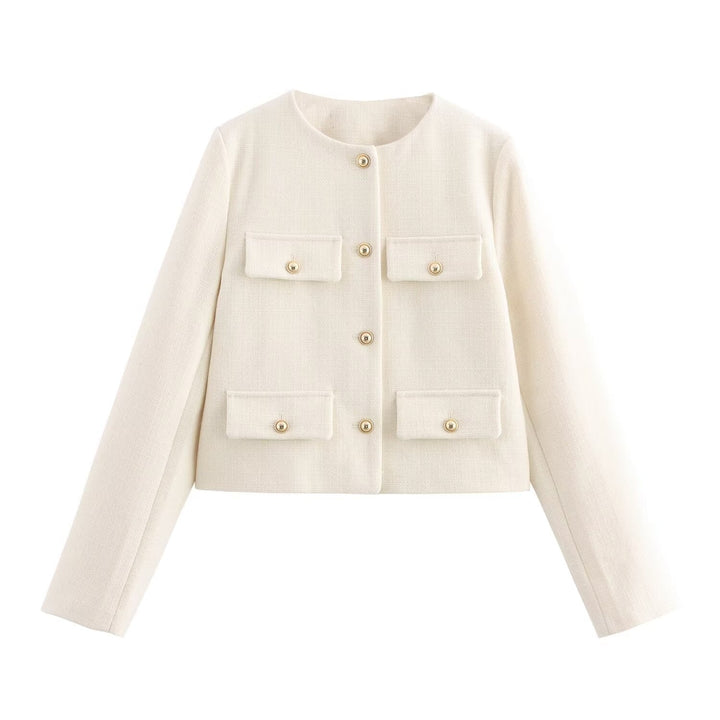Women Short Boucle Blazer Jacket with Round Neck, Decorative Pocket Flaps, and Gold-colored Buttons