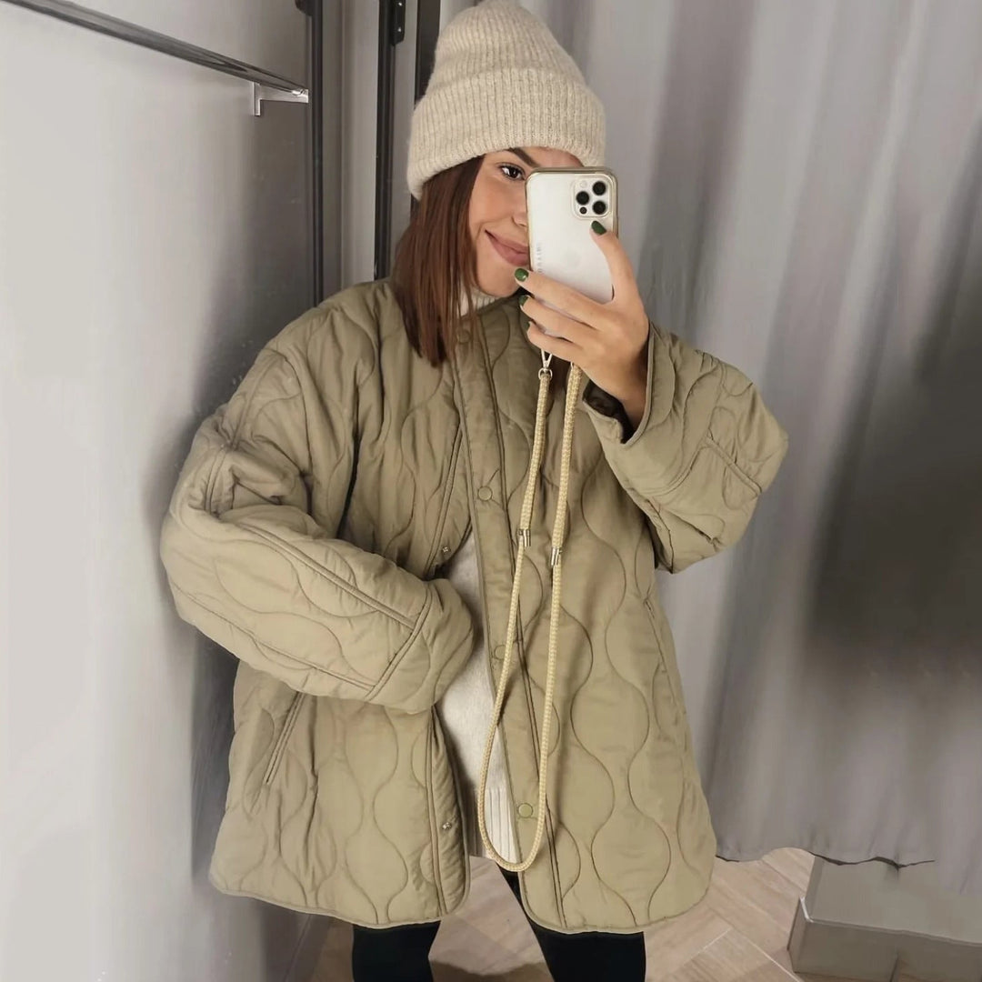 Women’s Longline Padded Jacket with Oversized Silhouette and Snap Button Closure