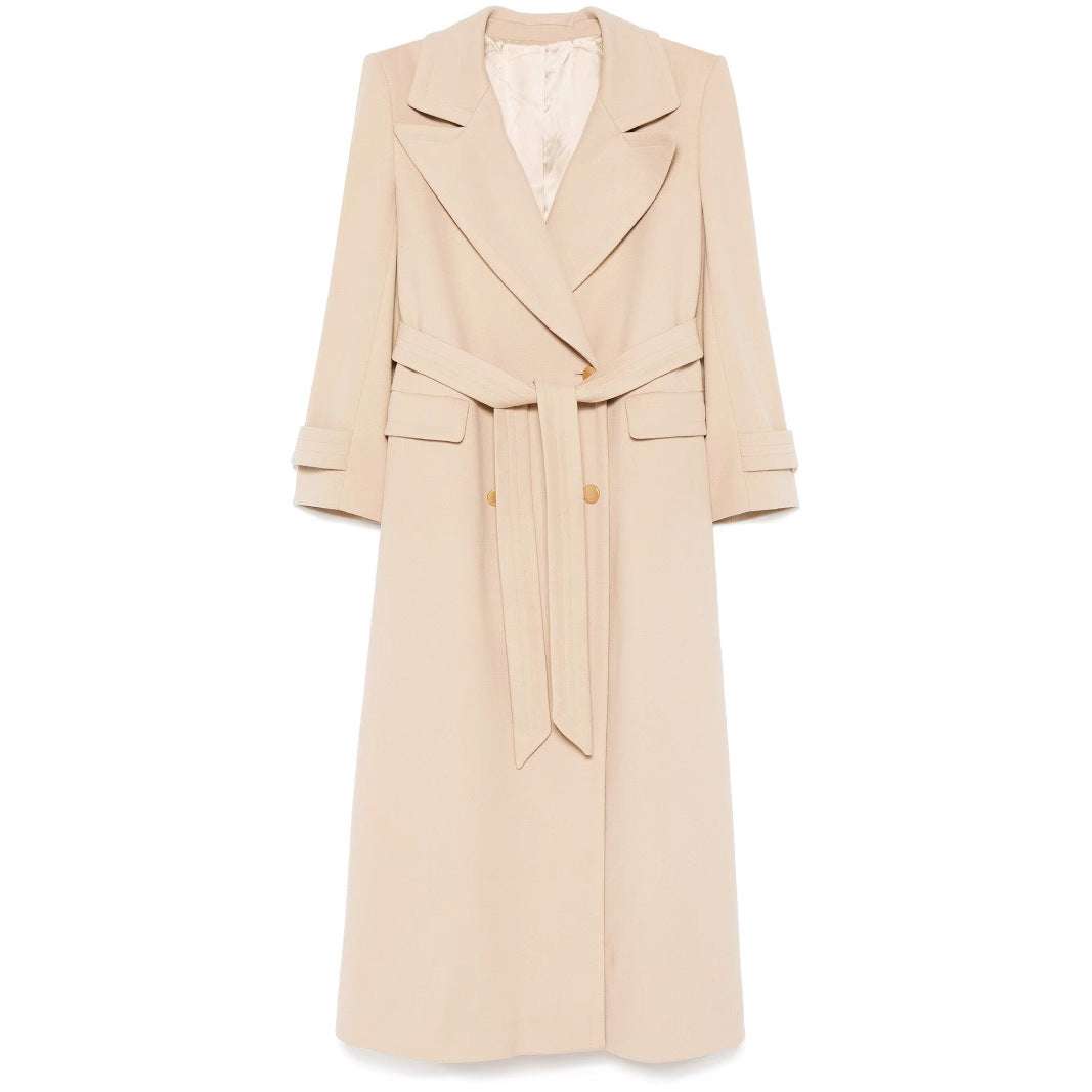 Ladies Maxi Coat with double-breasted button placket, wide lapels and patch pockets