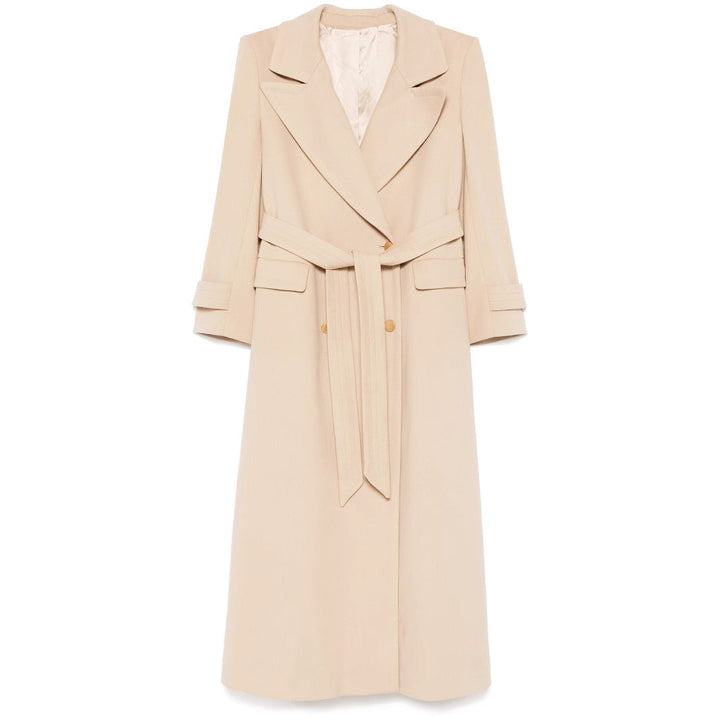 Ladies Maxi Coat with double-breasted button placket, wide lapels and patch pockets