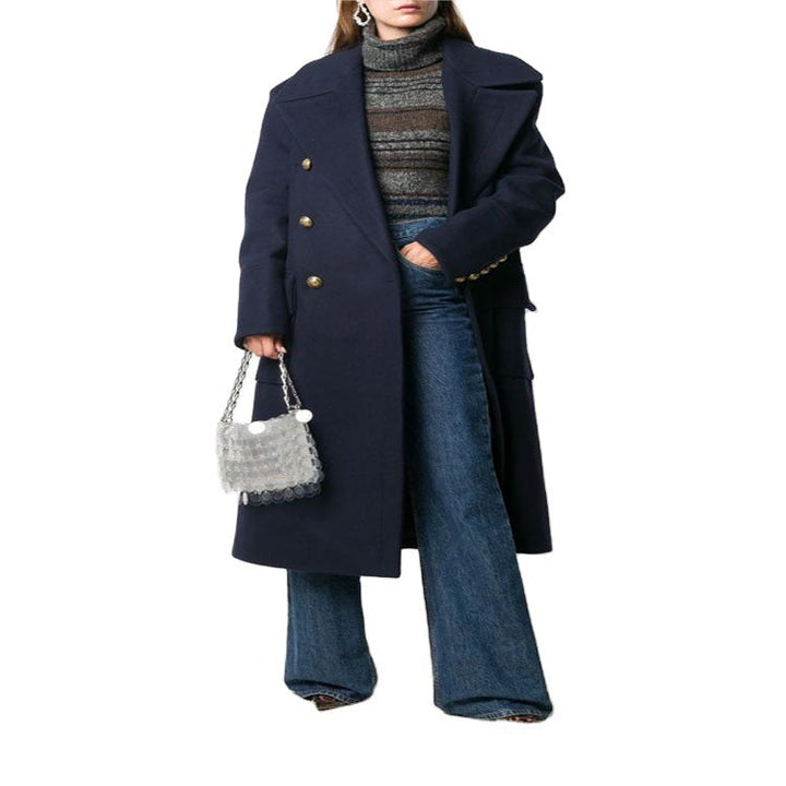 Women’s navy-inspired double-breasted long coat made of wool blend with oversized lapels