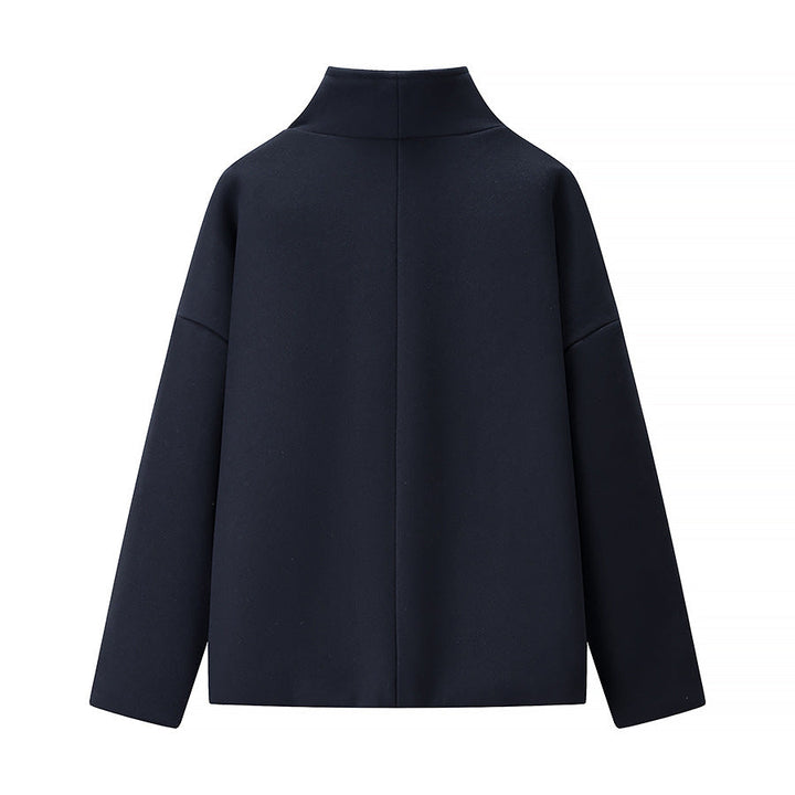 Ladies short double-breasted oversized boxy jacket with stand-up collar and side pockets