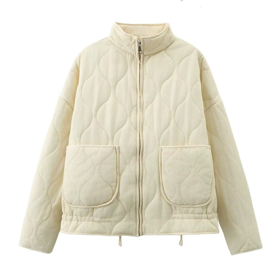 Women quilted jacket with stand-up collar and patch pockets