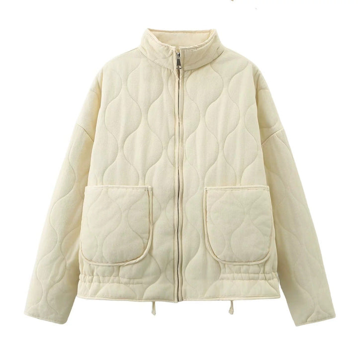 Women quilted jacket with stand-up collar and patch pockets