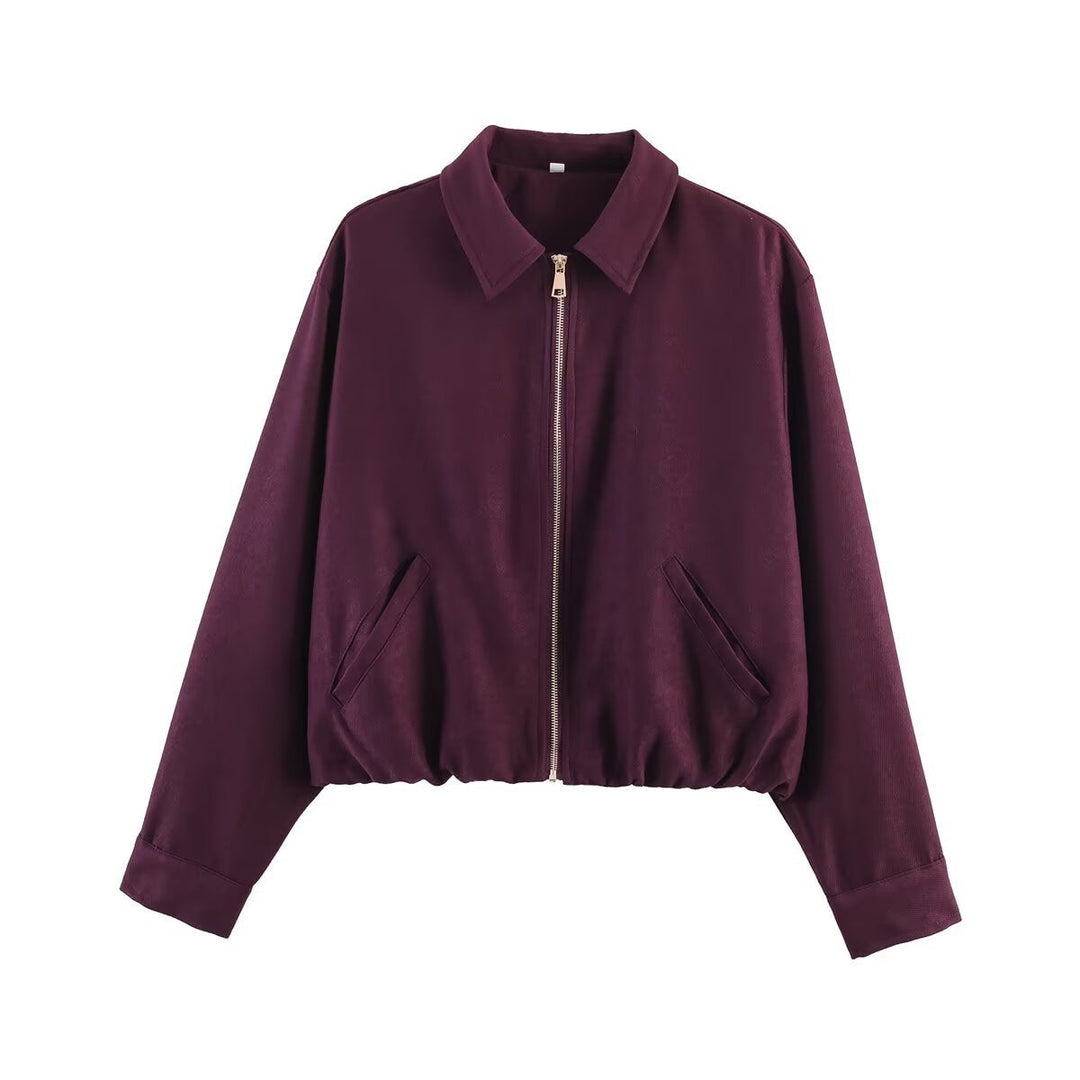 Ladies cropped blouson jacket in velour look with shirt collar, elastic hem and side pockets