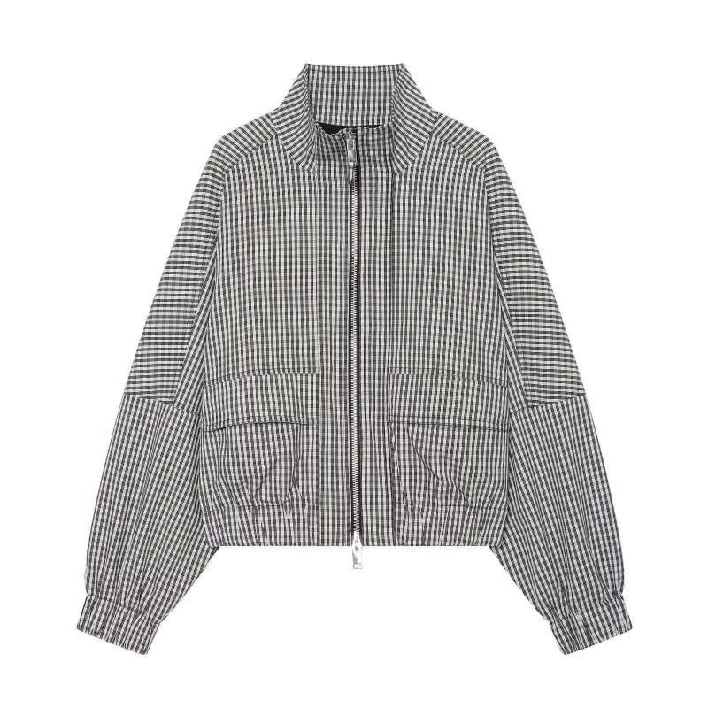 Women Cropped Boxy Jacket in Vichy Check with Stand Collar and Two-Way Zip